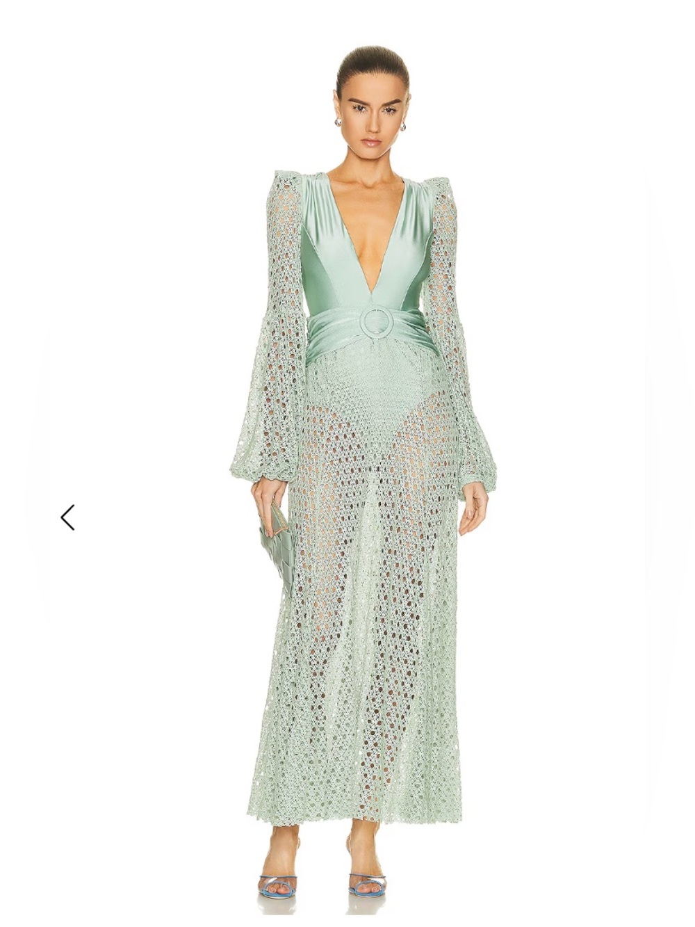PATBO NWT Monstera Elegant Sage Green Crochet Maxi Dress with Deep V - Picture 2 of 5
